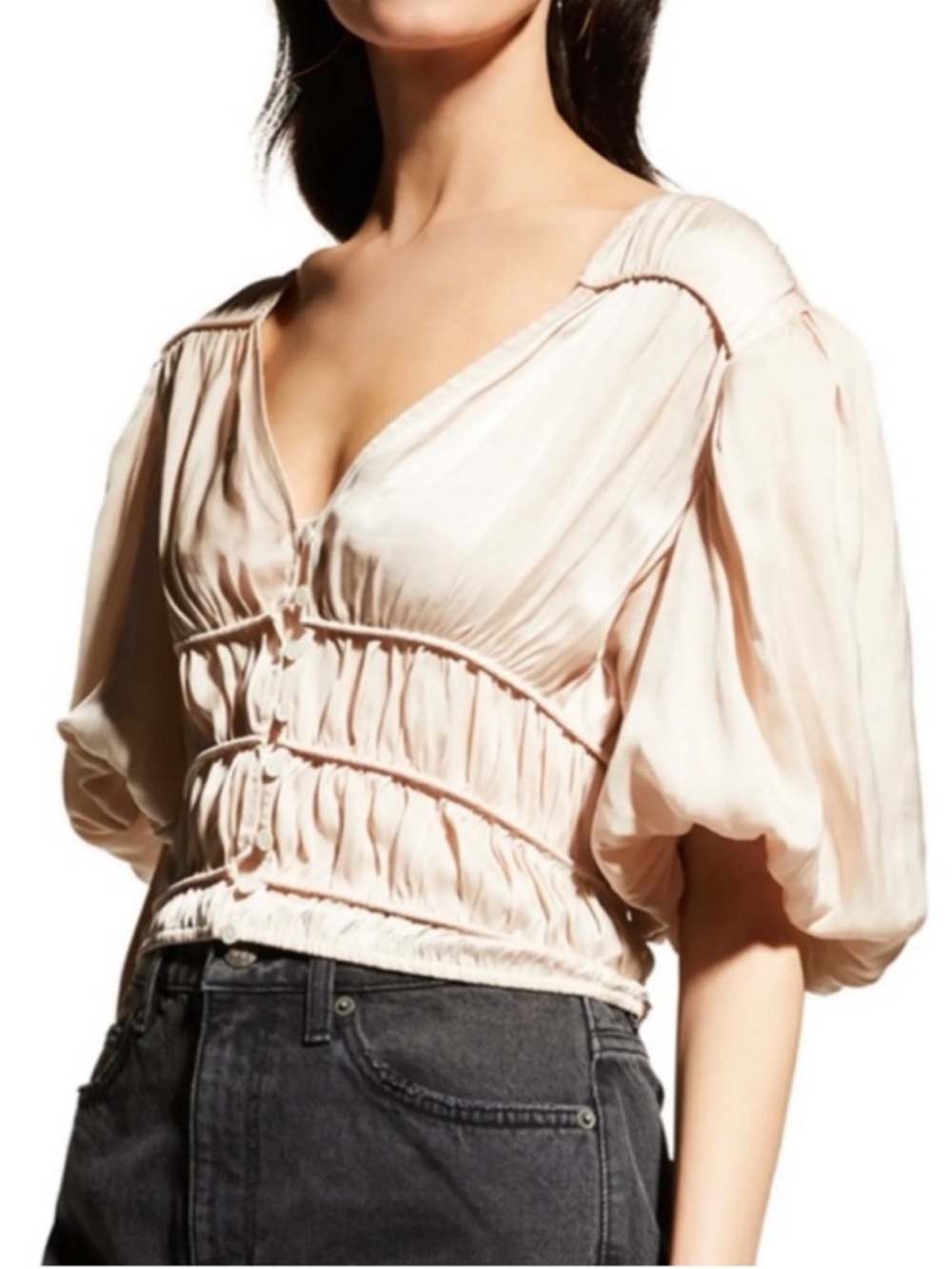 FRAME Julianne Blouse "Blush" Champagne Cream XS Like New Puff Sleeves V neck